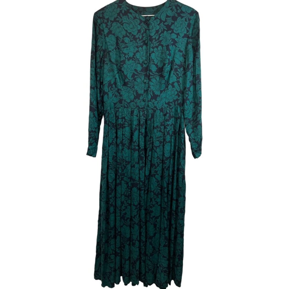 Vtg Laura Ashley UK Dark Florals Cottagecore 80s Maxi Dress US 10 Green Navy